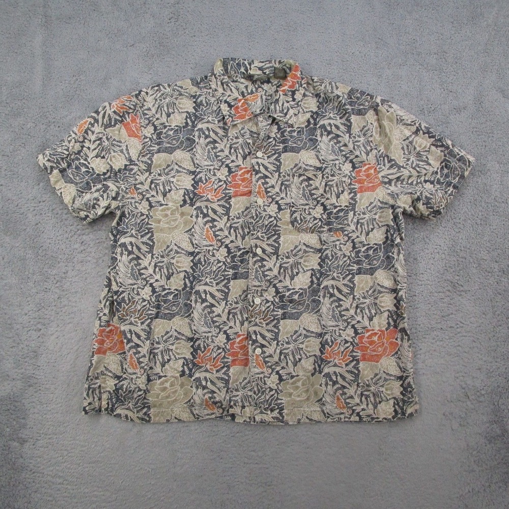 Vintage Structure Mens XL Short Sleeve Button Down Shirt Floral Batik Navy